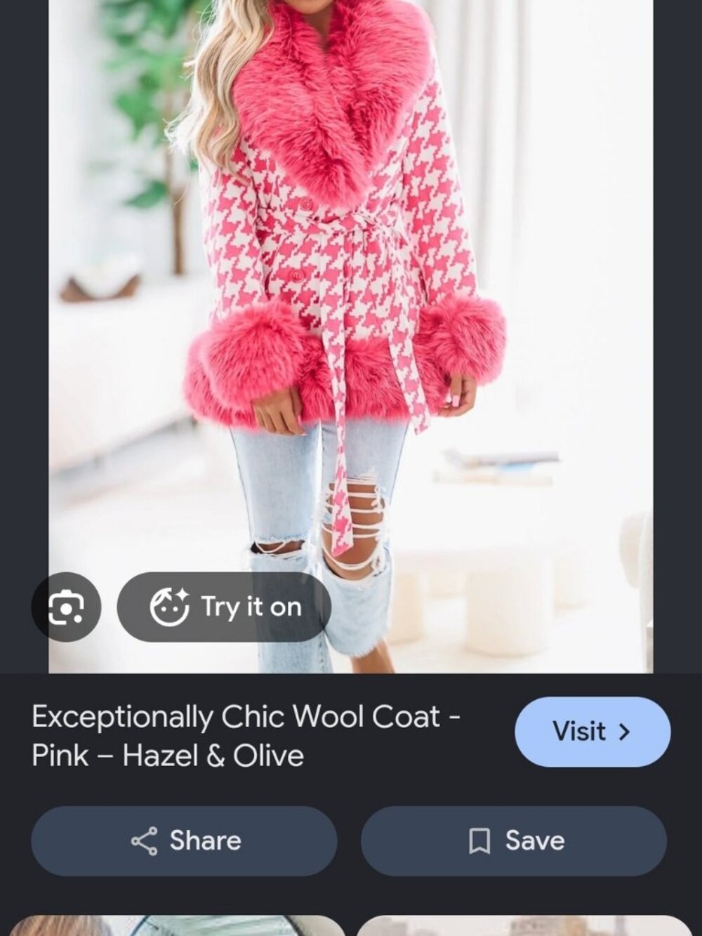 Pink Houndstooth Wool Coat with Faux Fur Trim